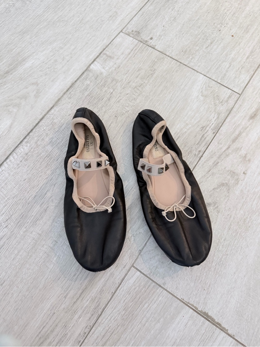 Valentino Black Ballet Flats with Beige Trim and Pyramid Stud Strap